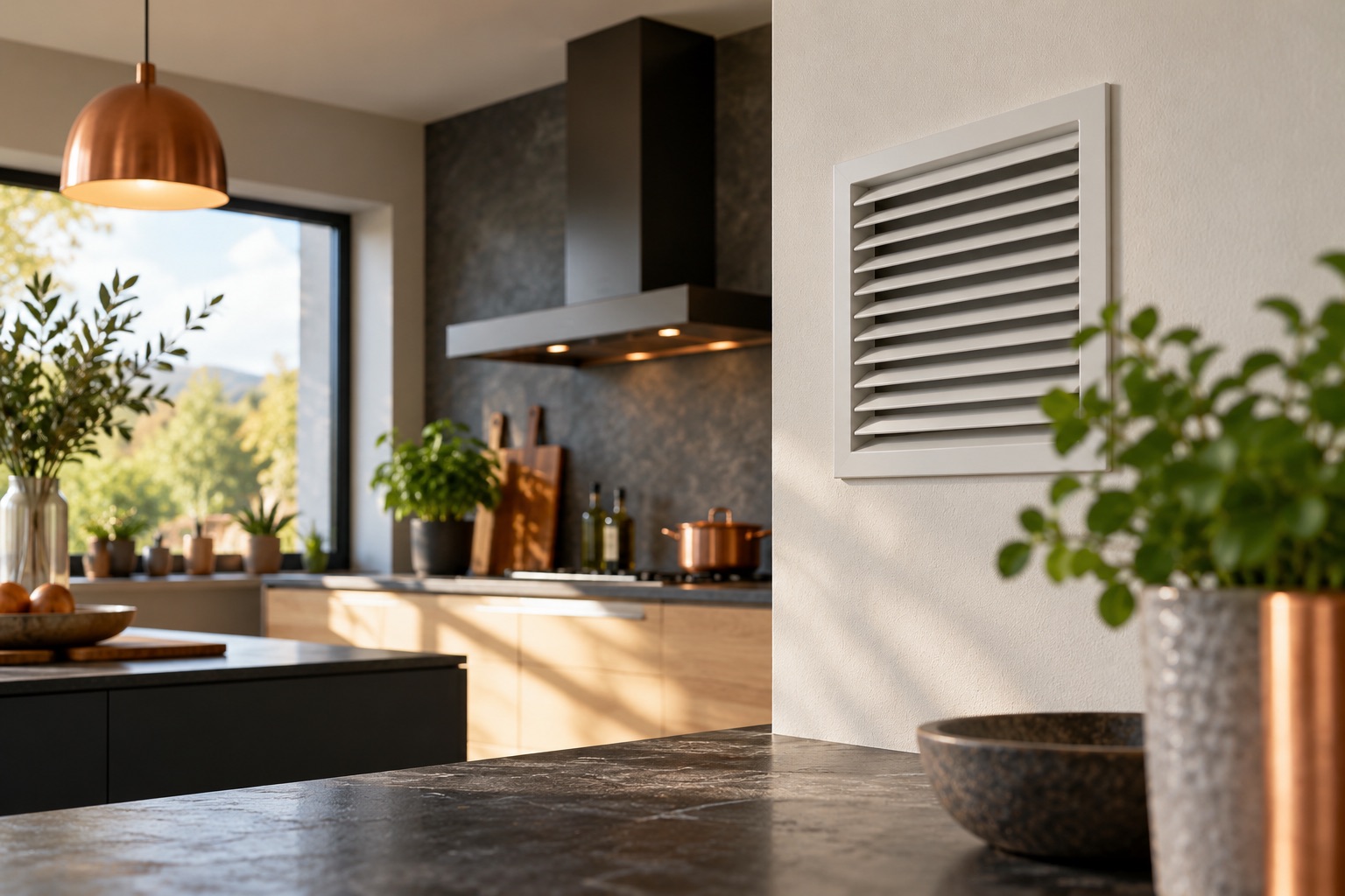 Grille de ventilation dans une cuisine, illustration générée sans démonstration de démontage.