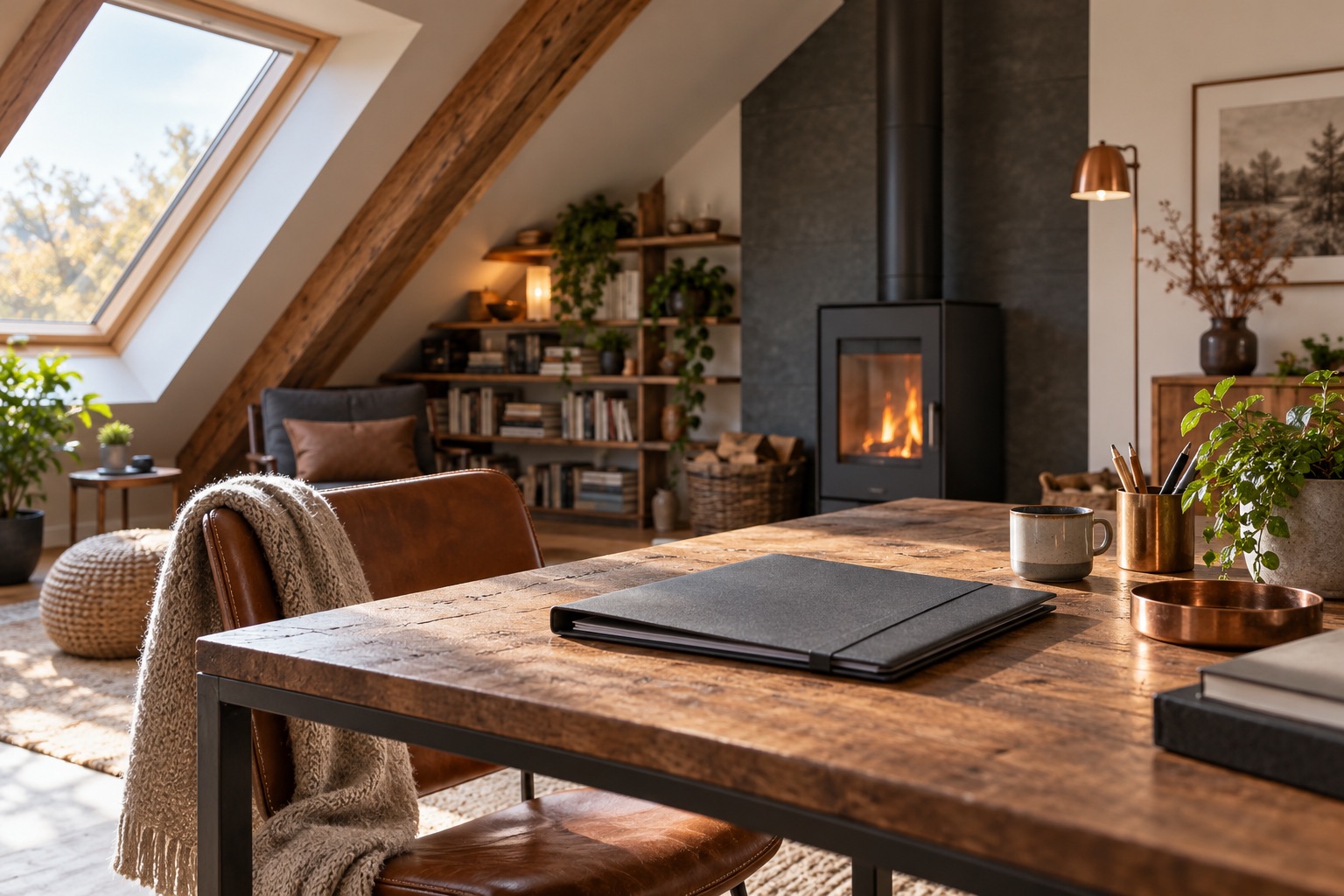 Intérieur et appareil de chauffage, illustration générée sans conformité d’installation revendiquée.
