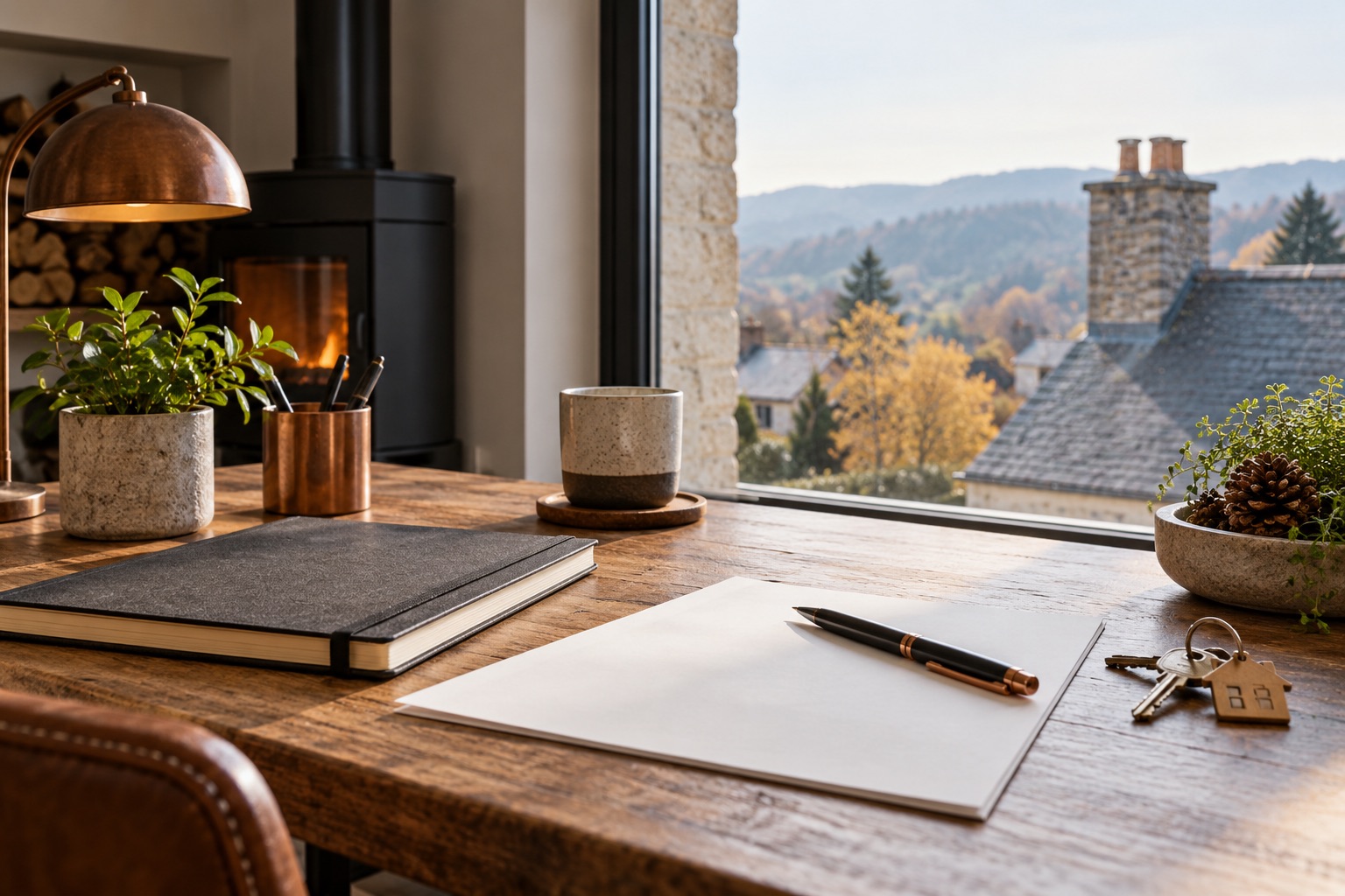 Carnet, papier vierge et clés sur un bureau, illustration générée pour préparer les démarches.