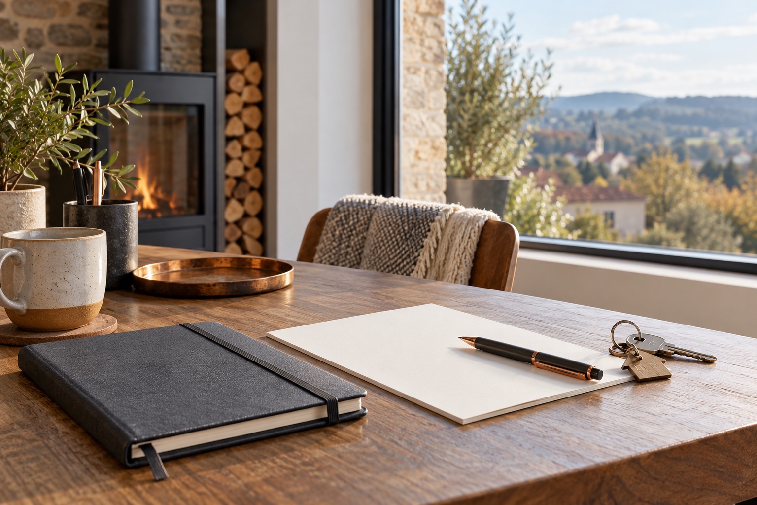 Carnet, papier vierge et clés sur un bureau, illustration générée pour préparer les démarches.