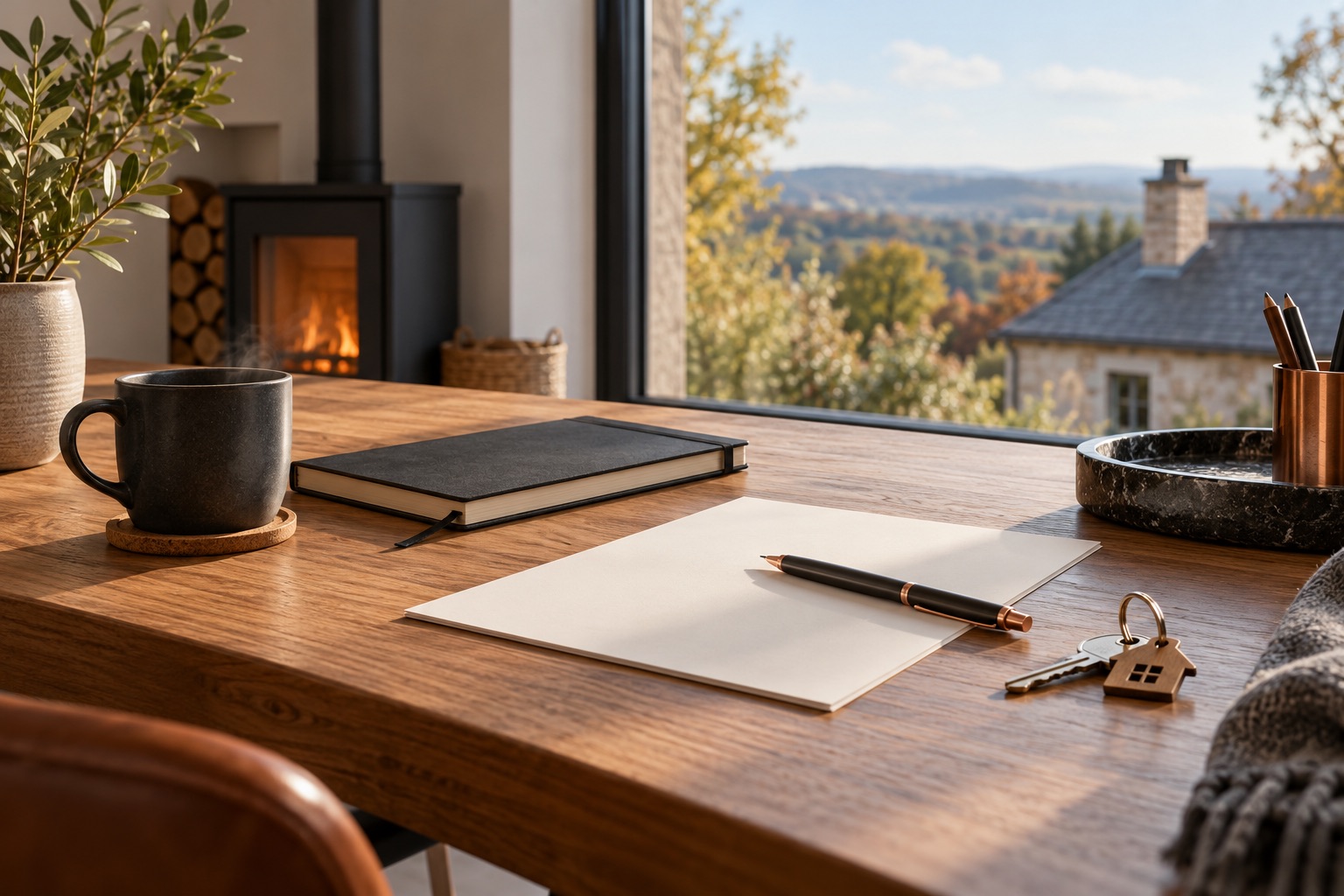 Carnet, papier vierge et clés sur un bureau, illustration générée pour préparer les démarches.